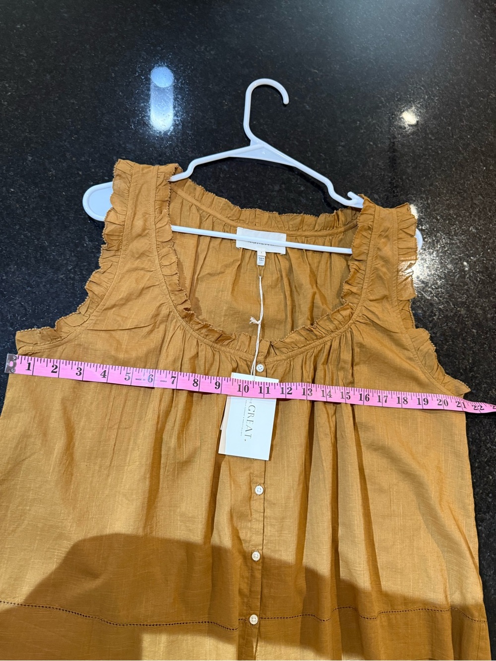 THE GREAT. Sleeveless Button-Front Ruffle Trim Top, Tank Top - Warm Caramel - Picture 10 of 12